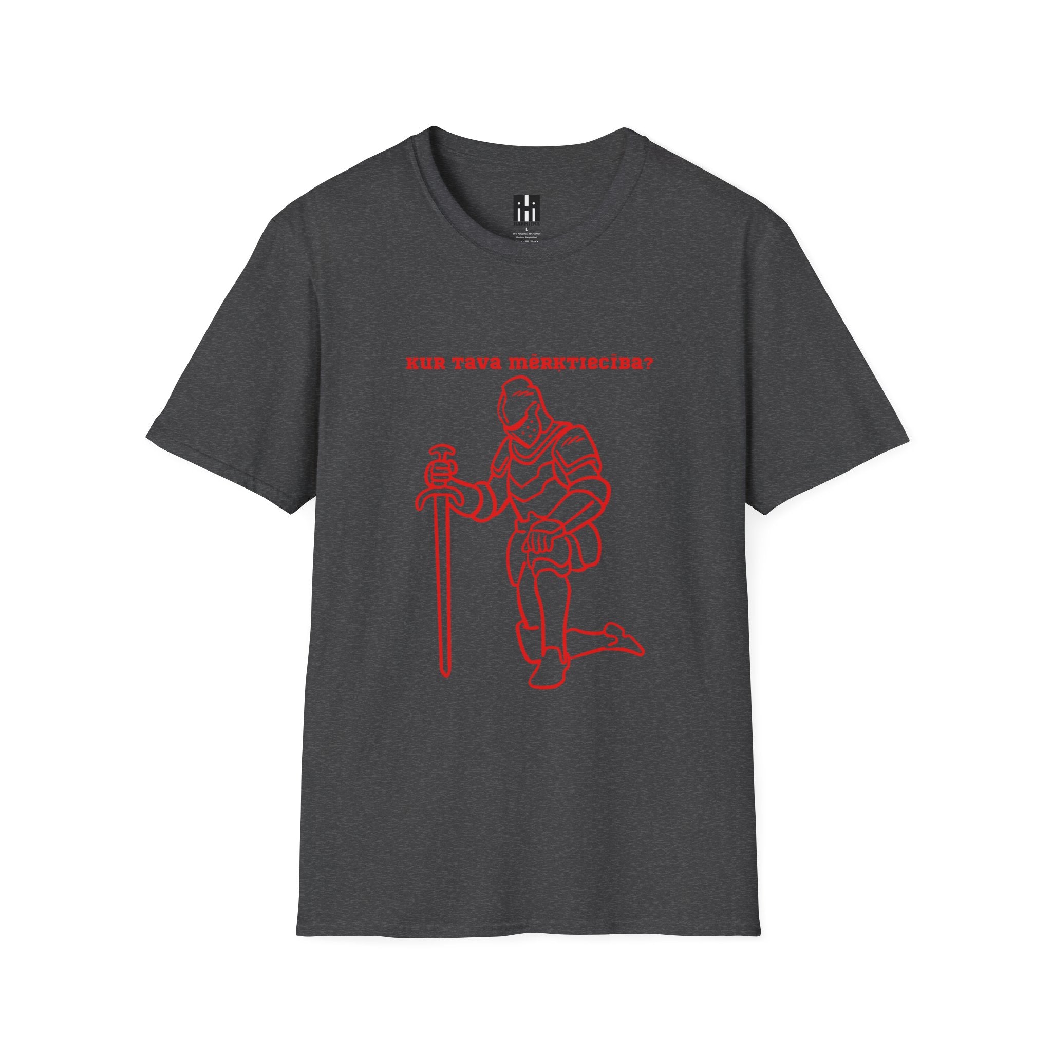 Kneeling Knight T‑Shirt – "Kur tava mērķtiecība?" Red Line Art Medieval Fantasy Tee