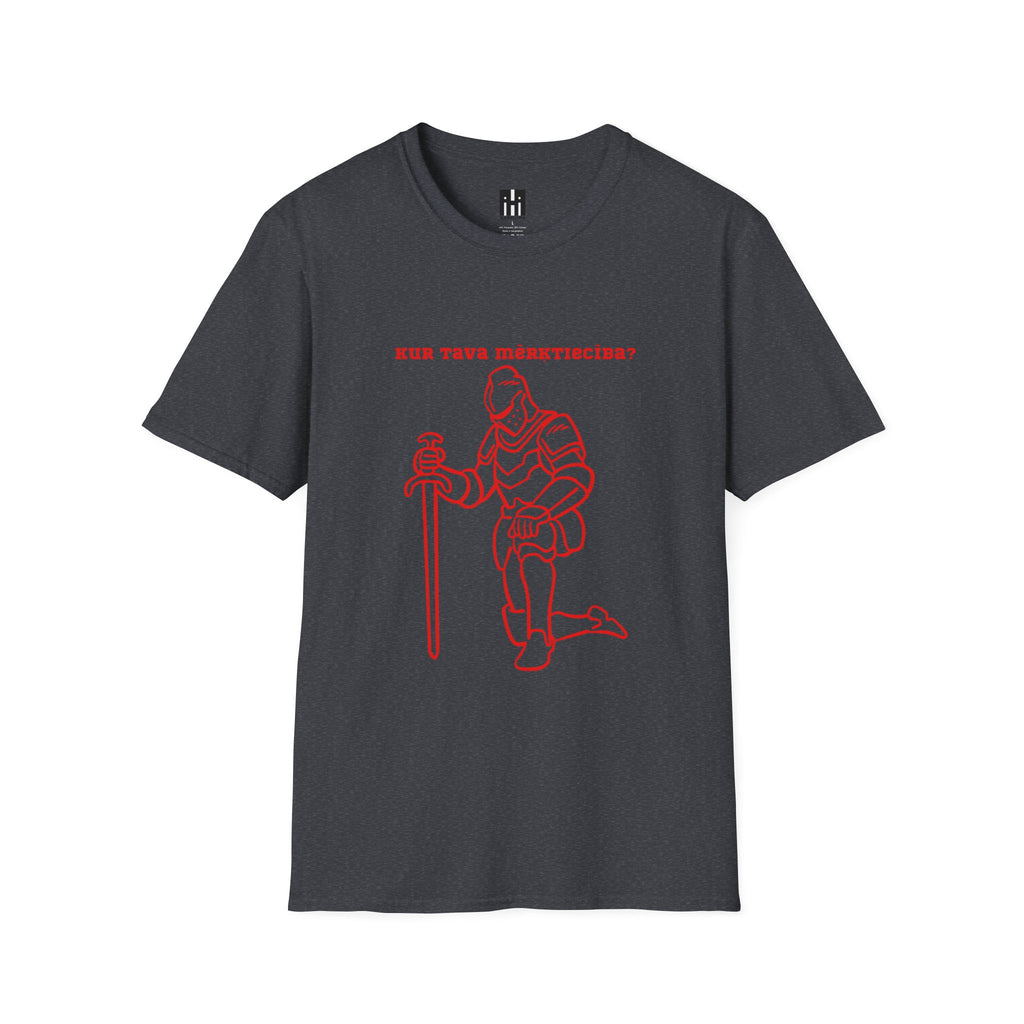 Kneeling Knight T‑Shirt – "Kur tava mērķtiecība?" Red Line Art Medieval Fantasy Tee
