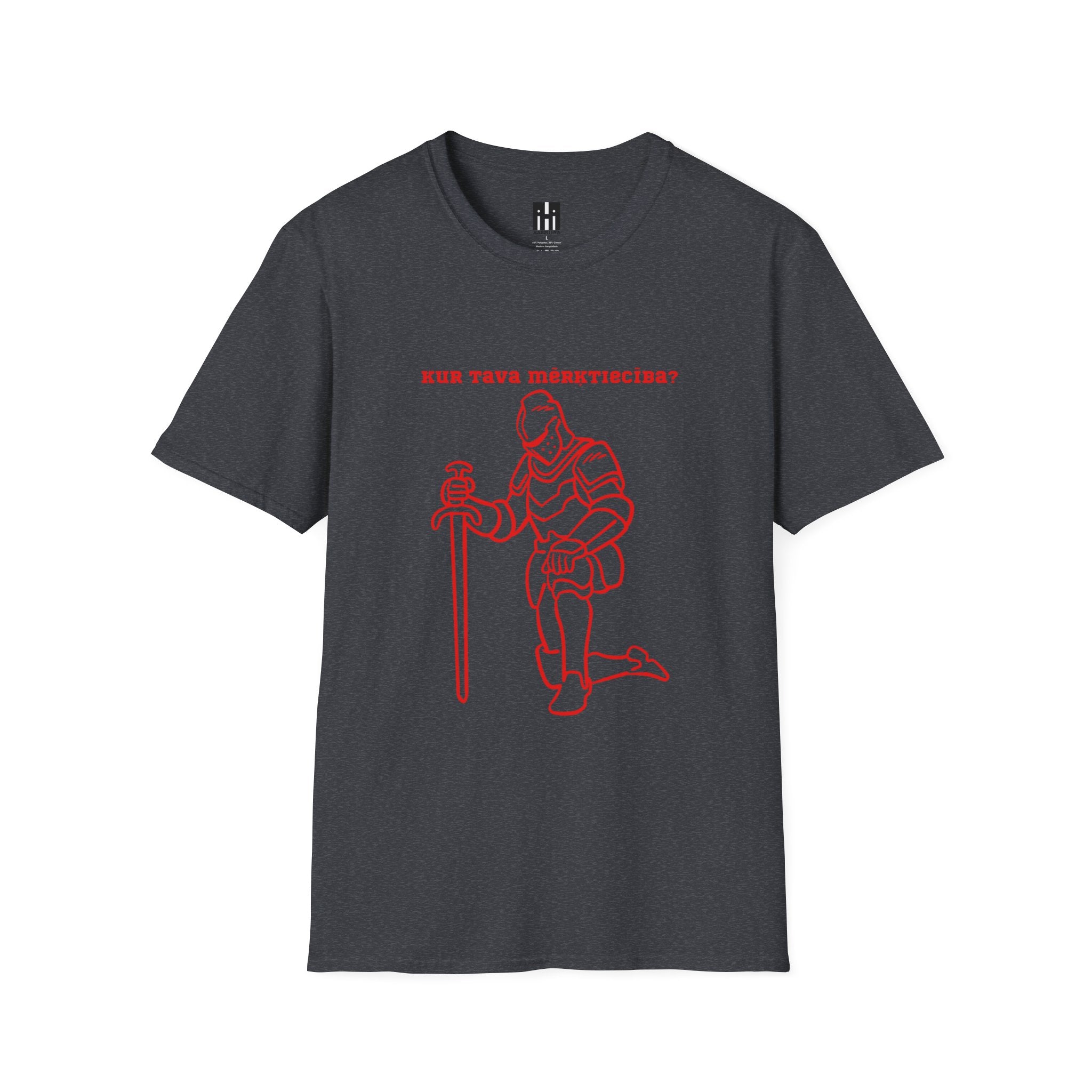Kneeling Knight T‑Shirt – "Kur tava mērķtiecība?" Red Line Art Medieval Fantasy Tee