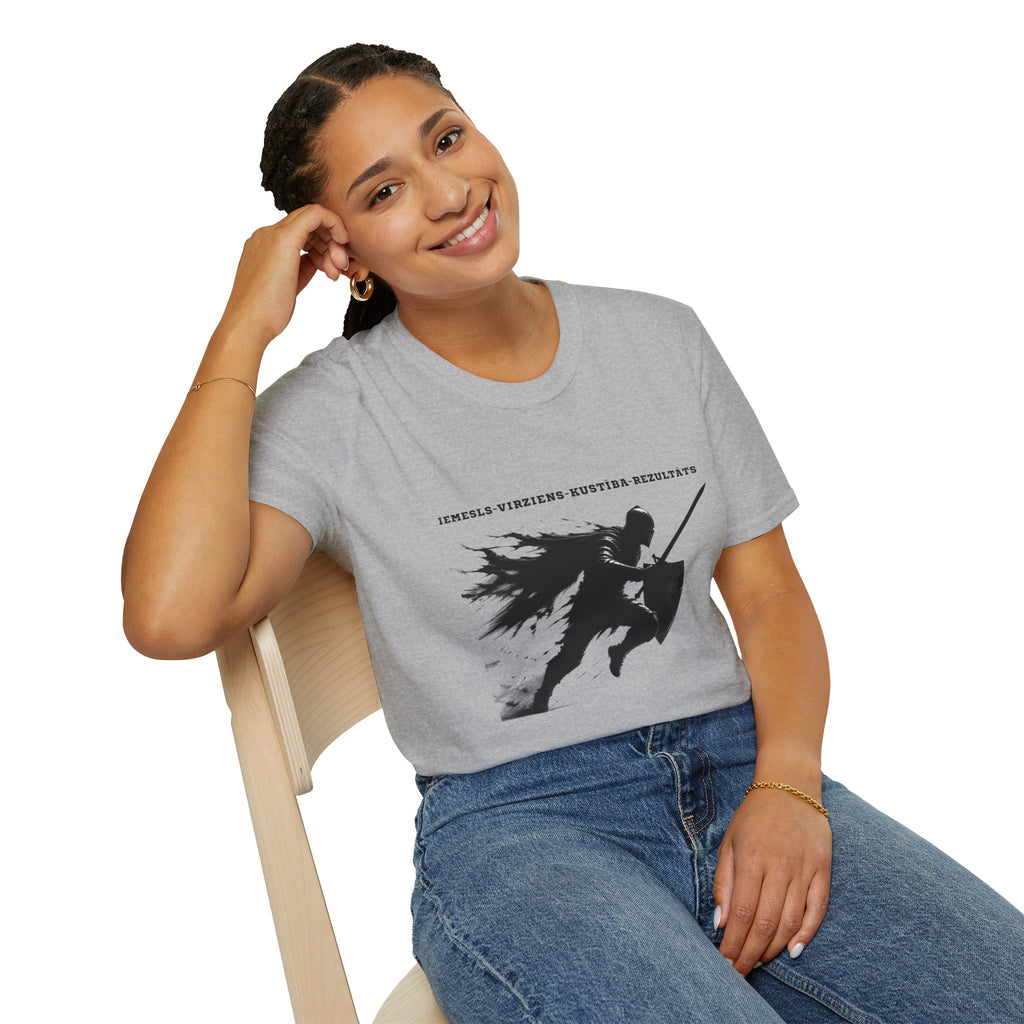 Samurai Silhouette T-Shirt — 'Iemesls‑Virziens‑Kustība‑Rezultāts' Inspirational Graphic Tee