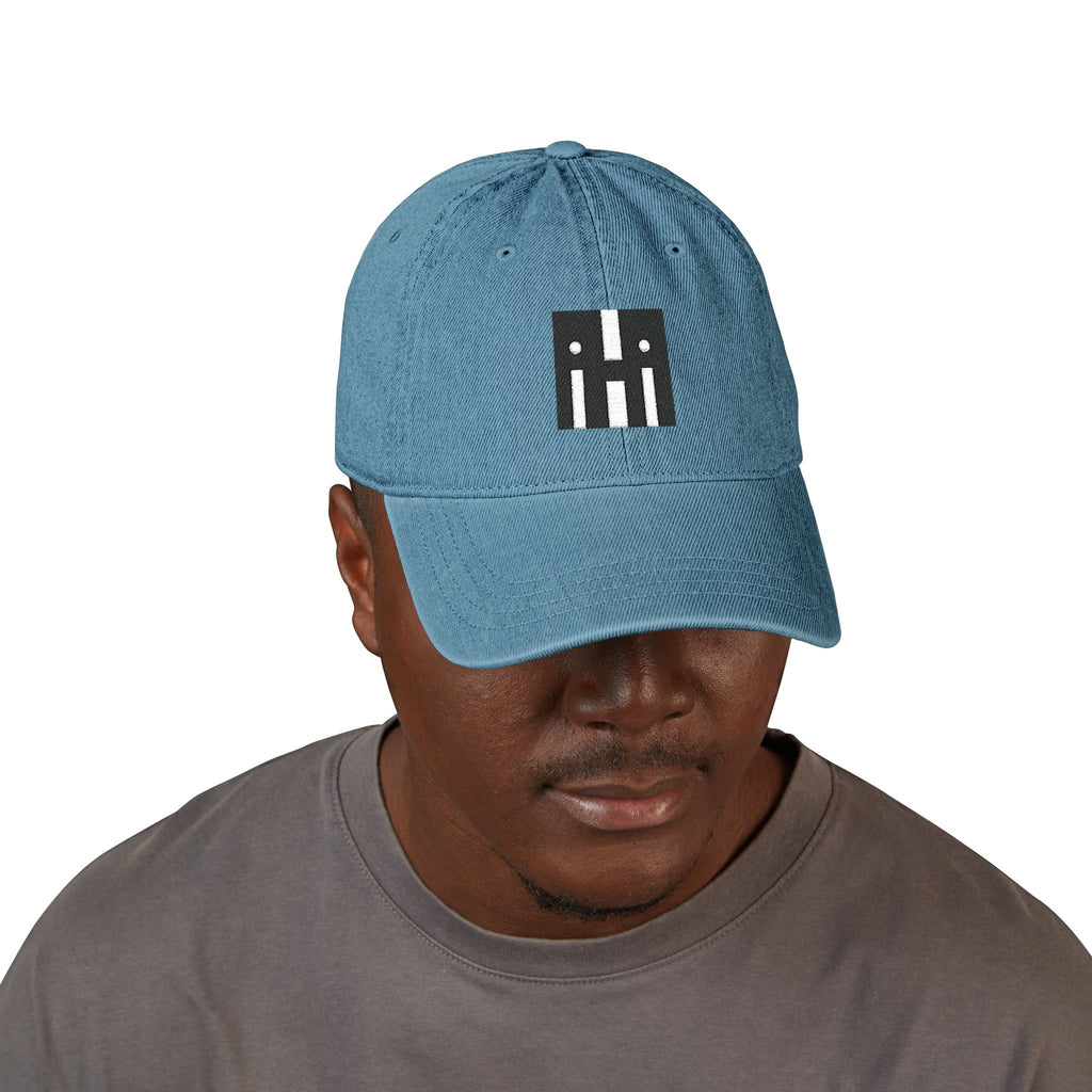 Denim Baseball Hat — Minimal Embroidered 'hi' Logo with Custom Backtext