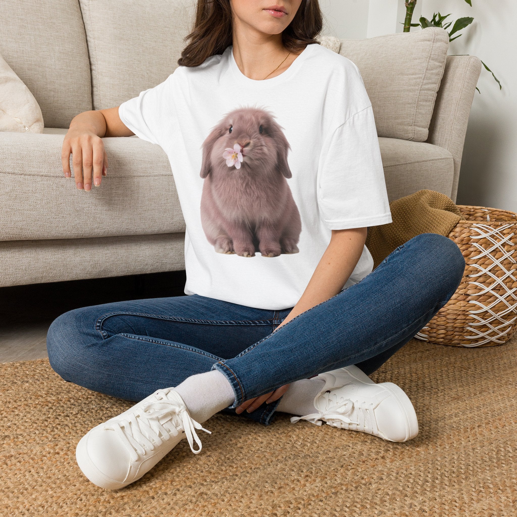 Cute Bunny T-Shirt — Lop Rabbit with Flower Graphic