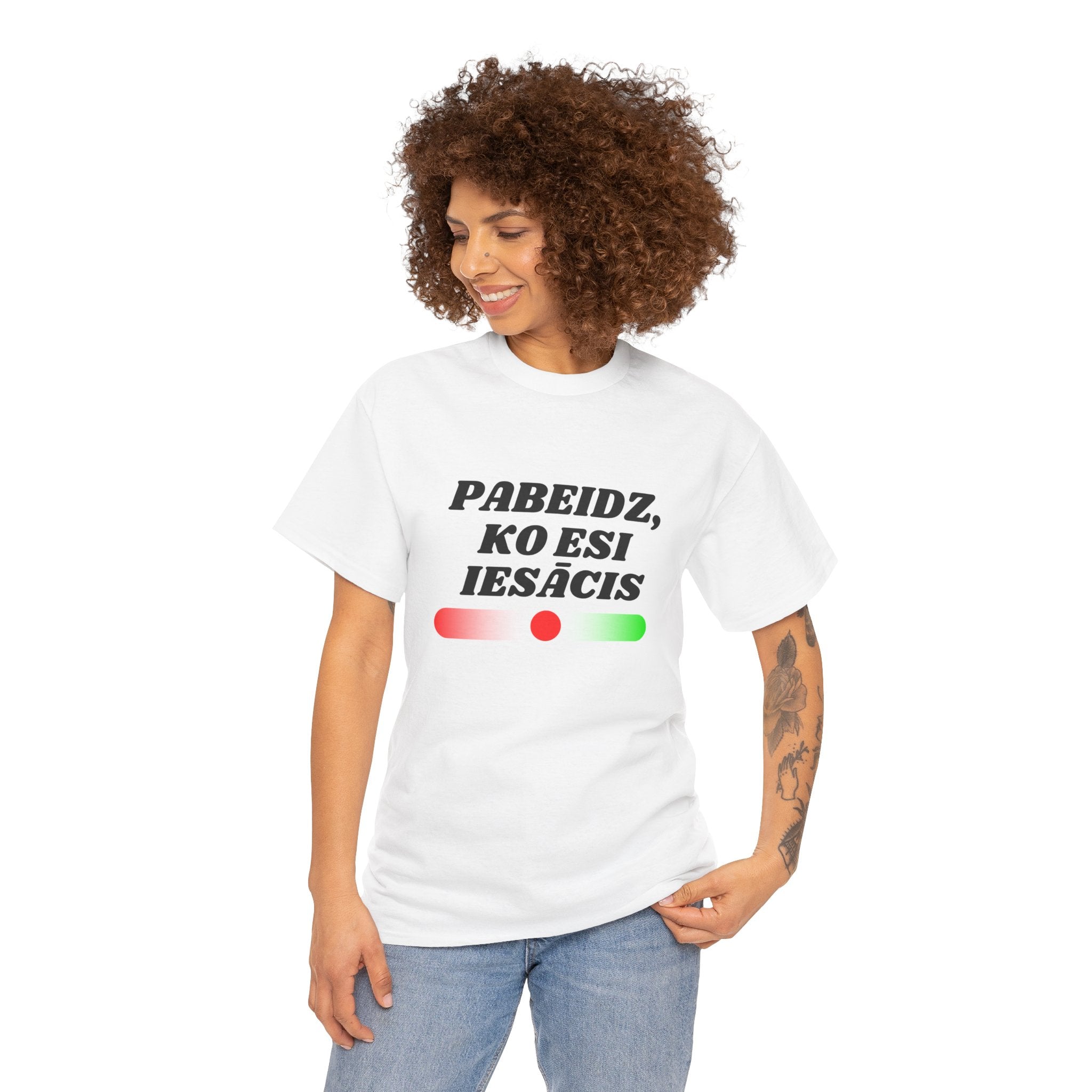 Woman wearing a white t-shirt with text and colored button on a white background