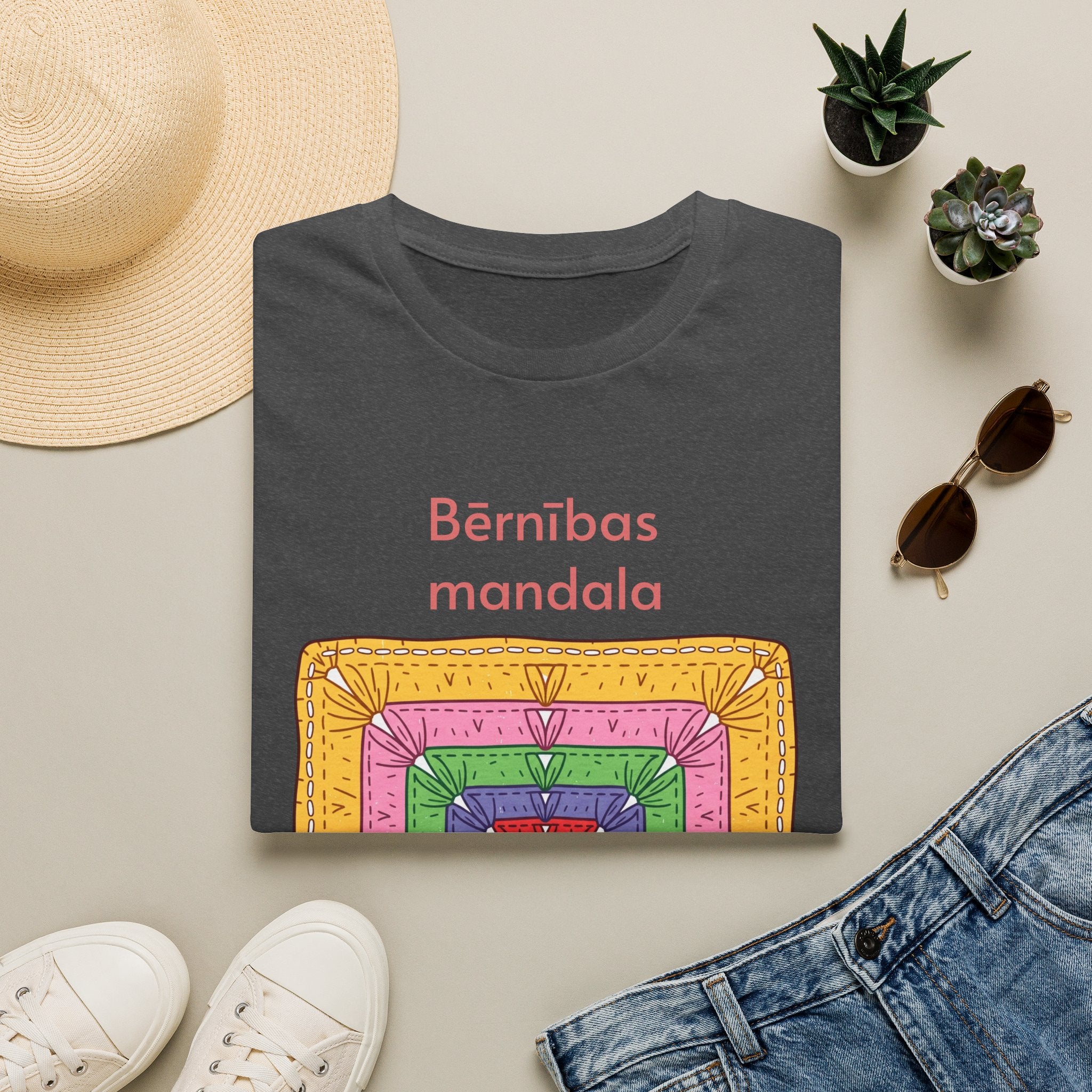 Mandala Graphic T-Shirt — 'Bērnības mandala' Colorful Square Design