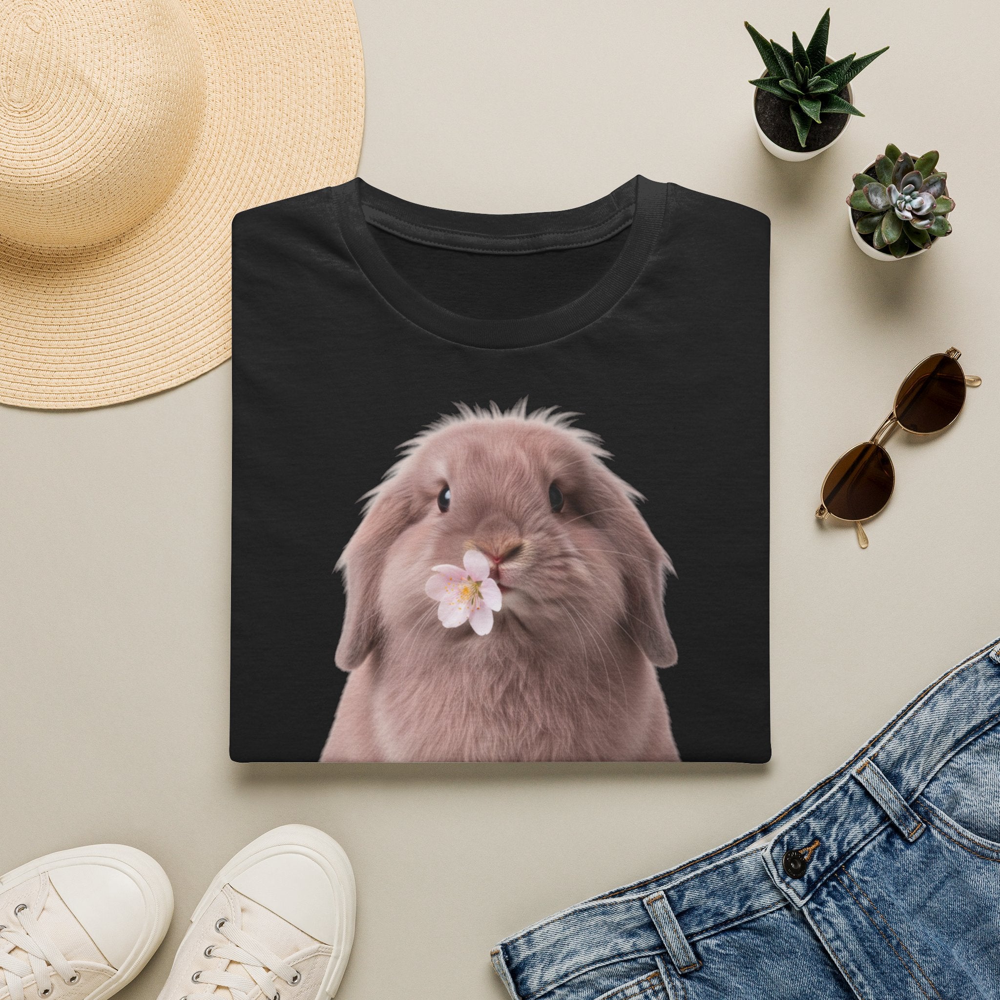 Cute Bunny T-Shirt — Lop Rabbit with Flower Graphic