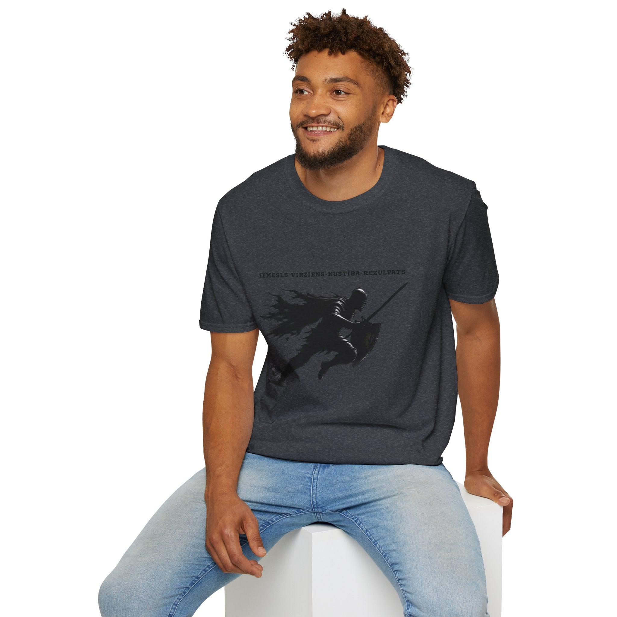 Samurai Silhouette T-Shirt — 'Iemesls‑Virziens‑Kustība‑Rezultāts' Inspirational Graphic Tee